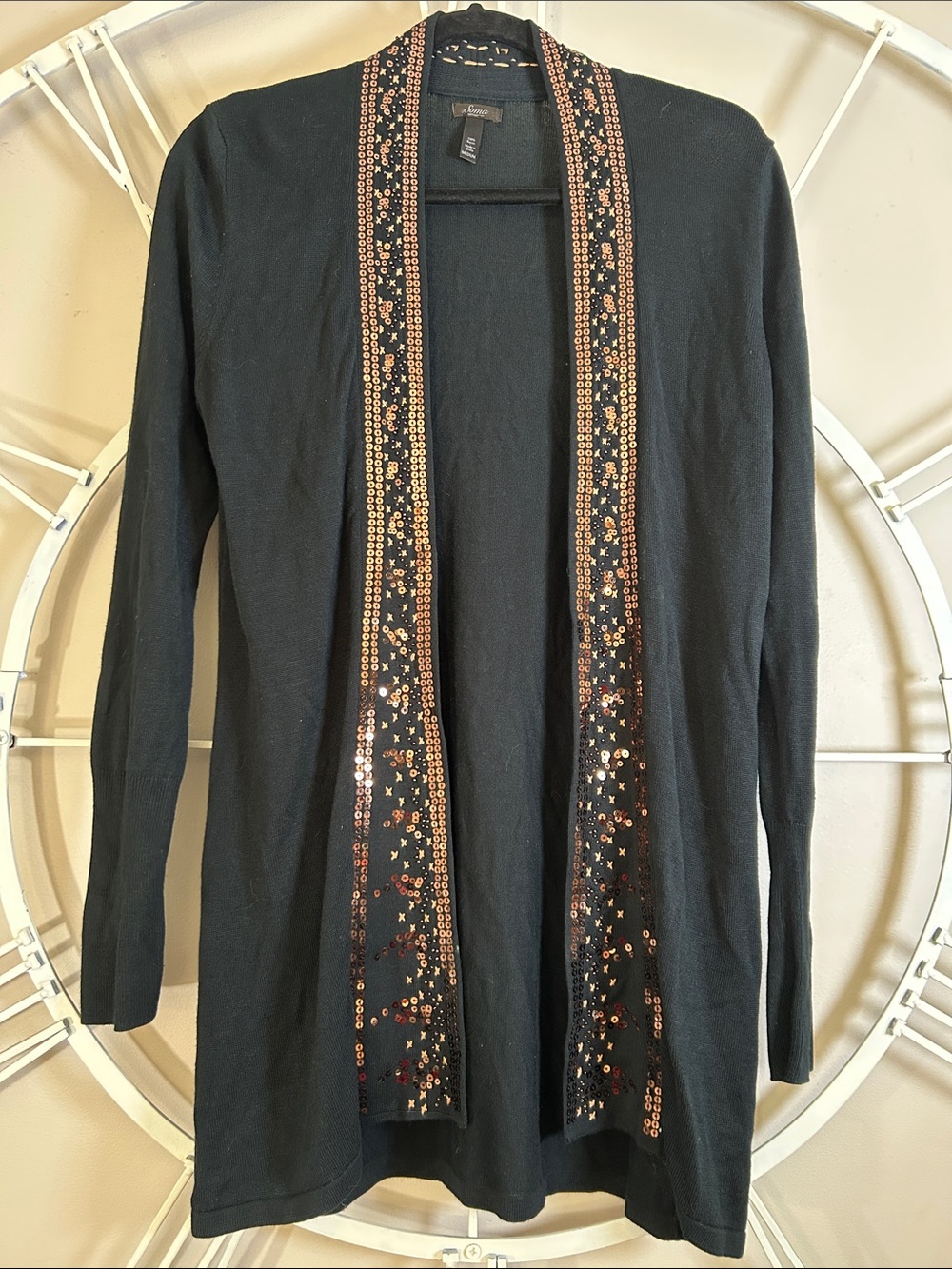 Soma Navy Open-Front Cardigan with Copper Sequin Trim